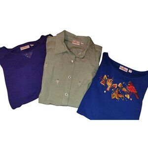 1XL Lot 3 Quacker Factory Knit Tops 1x Cotton Embellished Embroidered Long Sleev